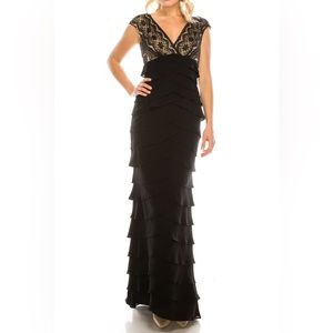 Anthropologie Adrianna Papell Size 10 Black Shutter Pleat Lace Chiffon Dress